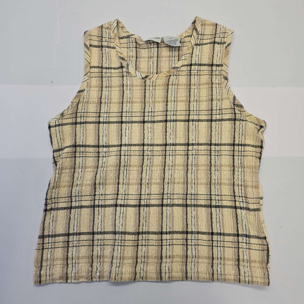 Cabin Creek Womens 2X Yellow Plaid Smocked Sleeveless Tank Top Cotton Blend